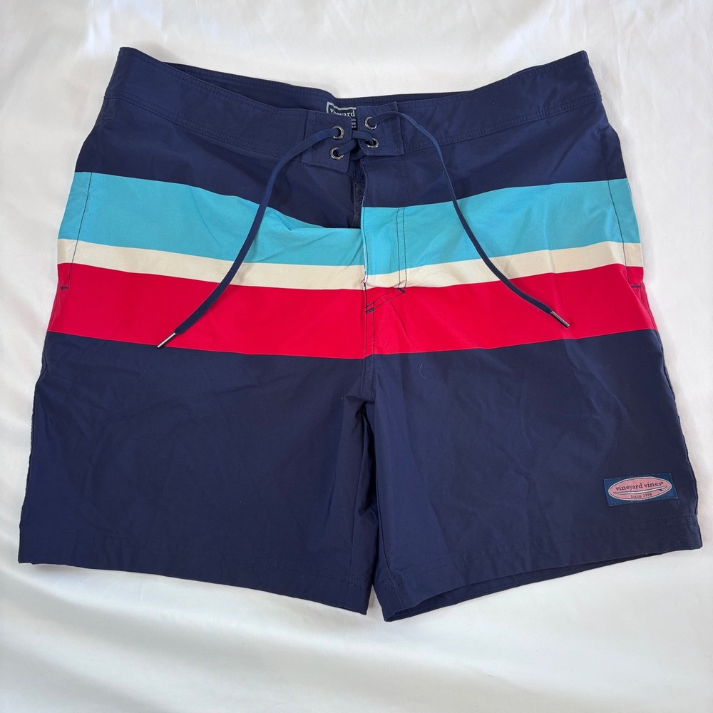 Vineyard Vines Striped Color Block Board Shorts Swim Trunks Navy‎ Blue Red 36